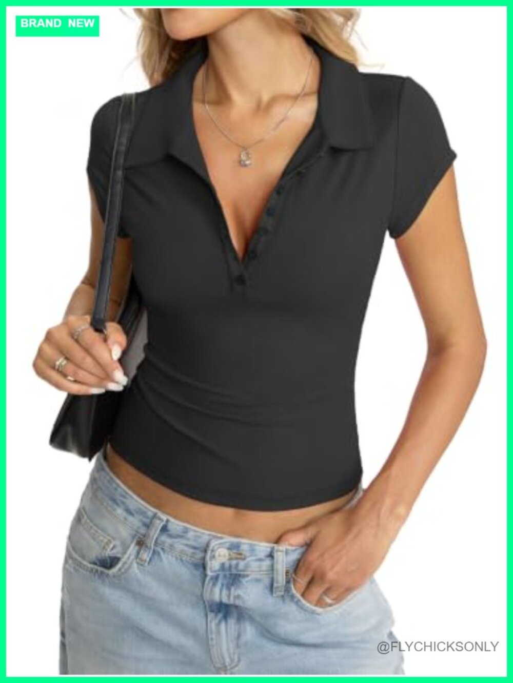 Womens Polo Shirt Cap Sleeve Button Down Business Casual Top Tight Fit